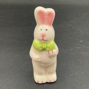 Vintage Ceramic Bunny Figurine‎ 4″ Tall Easter Rabbit with Green Bow
